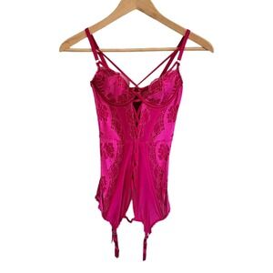 Victoria's Secret Corset Teddy Garters 34B Pink Magenta‎ Lace Panels Caged Neck
